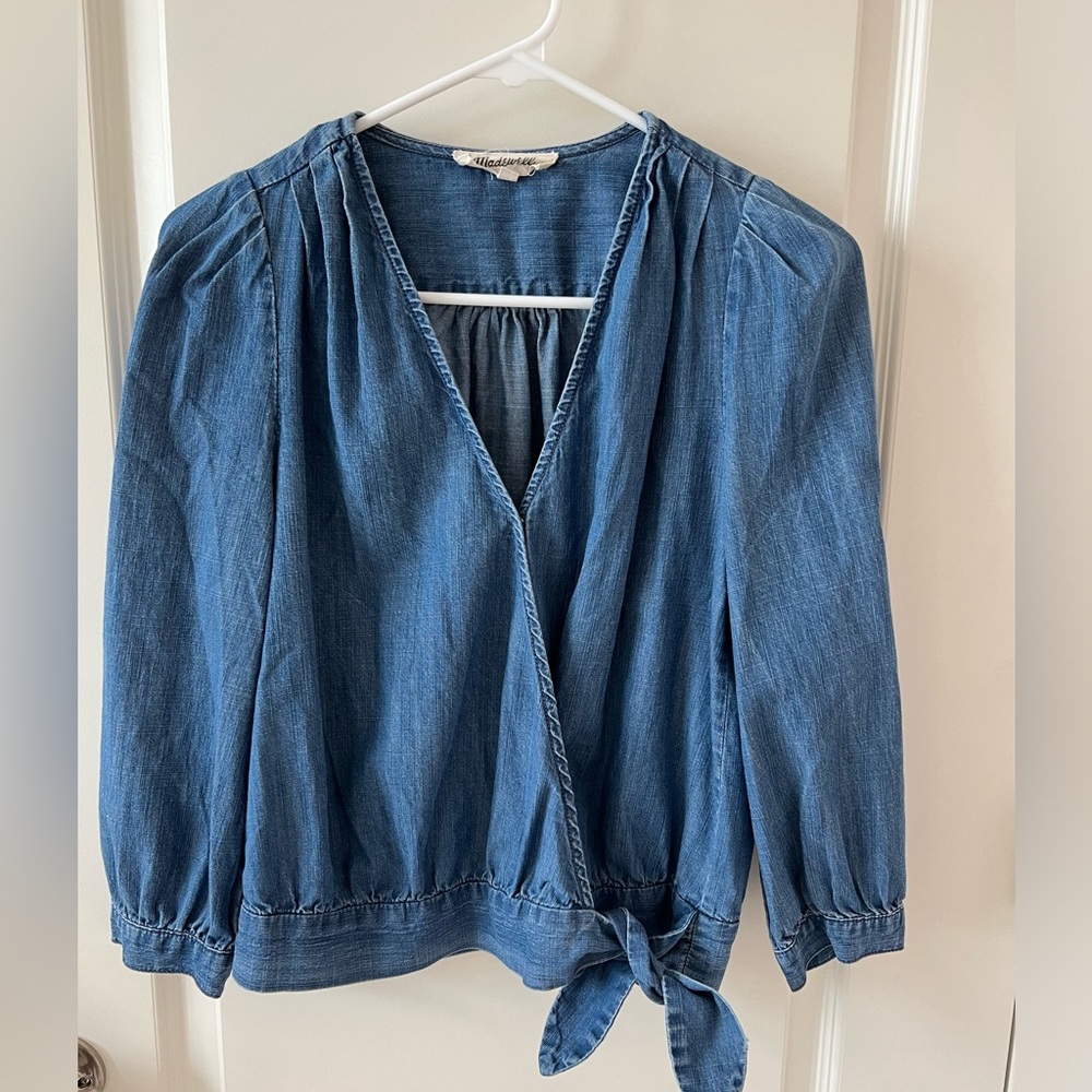 Madewell Denim Chambray Wrap Blouse V-Neck Puff Shoulder Blue M